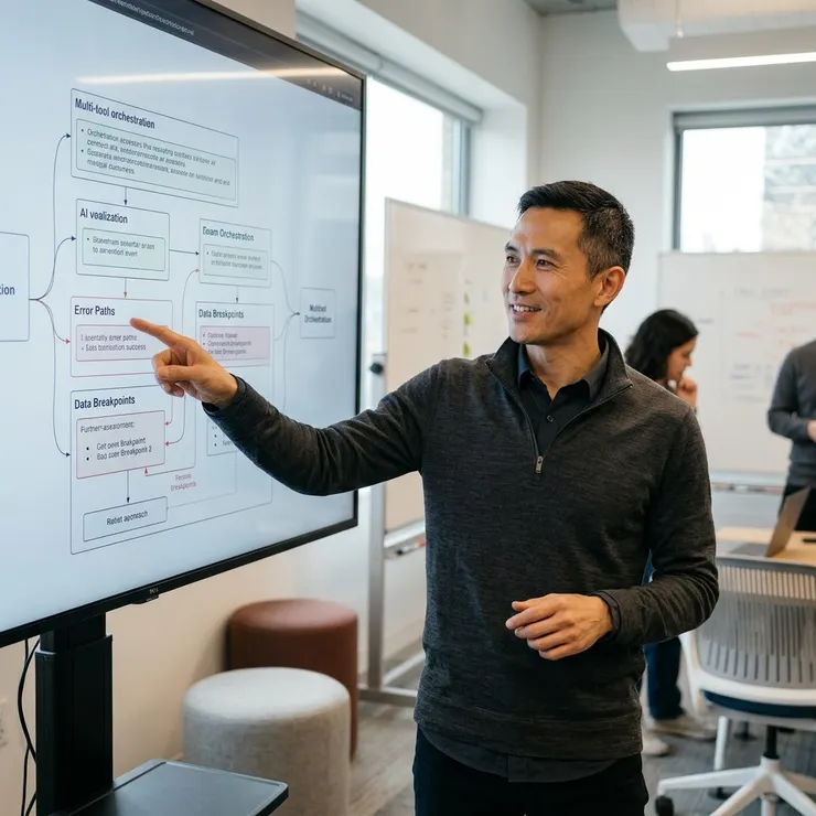 梁练伟在协作面板前讲解多智能体调试流程，指导如何识别和修复工作流断点。