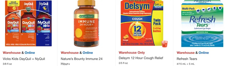 Vicks兒童感冒咳嗽藥水（日夜）$19.99，Nature's Bounty加強免疫力錠$17.99，Delsym咳嗽藥水$19.99，人工淚液$22.49。