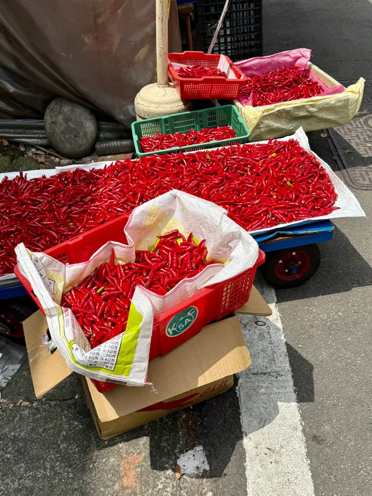 路邊不知道是在賣，還是在曬的火紅辣椒。