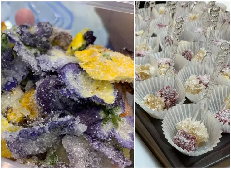 (左)香堇花瓣糖， (右)法式杭菊與玫瑰軟糖(謝謝江師母的手藝協助)