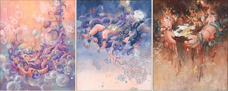 圖左:《浮雲鄉》、圖中:《魚窩與光酒》、圖右:《焚風谷》│ 單幅8F