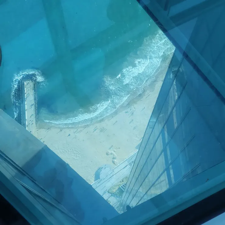 透明步道，腳下就是100層樓的高度，我的極限就到旁邊的鋼架框。