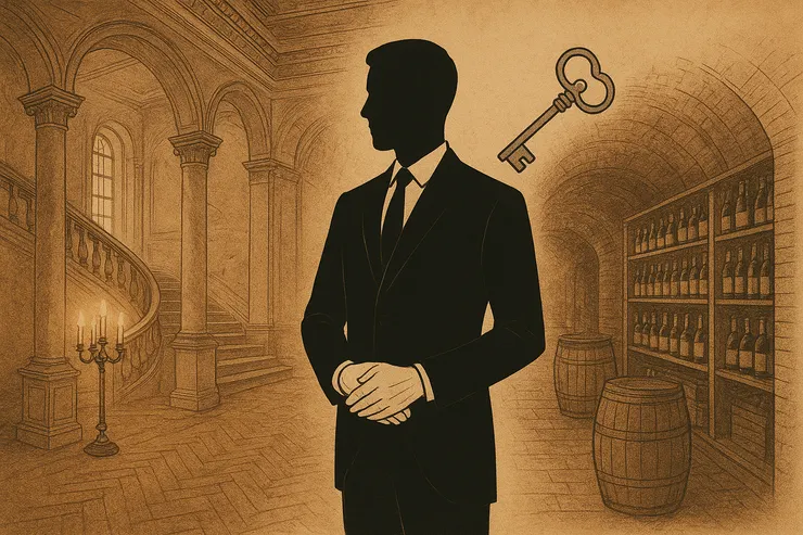 「執事的身影跨越時代:從古老莊園的酒窖守門人,到今日影視作品裡的優雅形象。」〈本圖由AI協助生成。〉