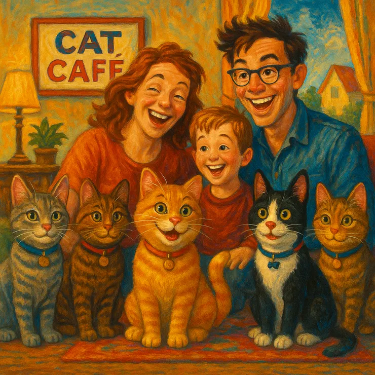 美式奔放風格融合中期美國插畫與表現主義筆觸，色彩飽和強烈、對比鮮明，充滿能量與樂觀氛圍。 人物表情誇張開朗，動作自然外放，畫面節奏感強，傳遞出自由、歡樂與家庭溫暖的情緒。 背景與服飾多採用明亮復古色系與柔和光源，細節繁多卻不壓迫，展現典型美式生活的活力與魅力。