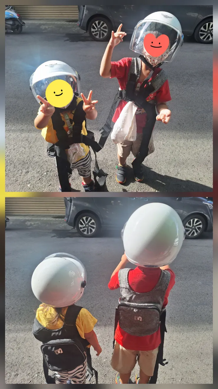 妹妹的安全帽尺寸是賣場的「小童」，哥哥則是「大童」，兩著戴起來都還有一點鬆，另購買內襯就可以撐住了。