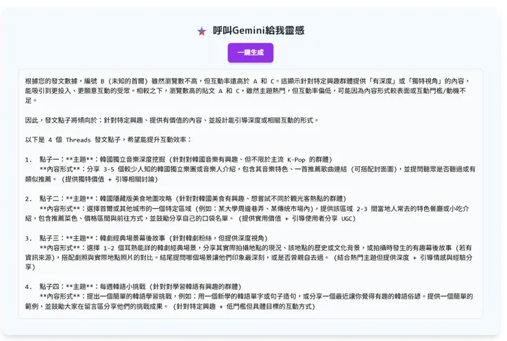 Gemini提供的內容創意參考方向