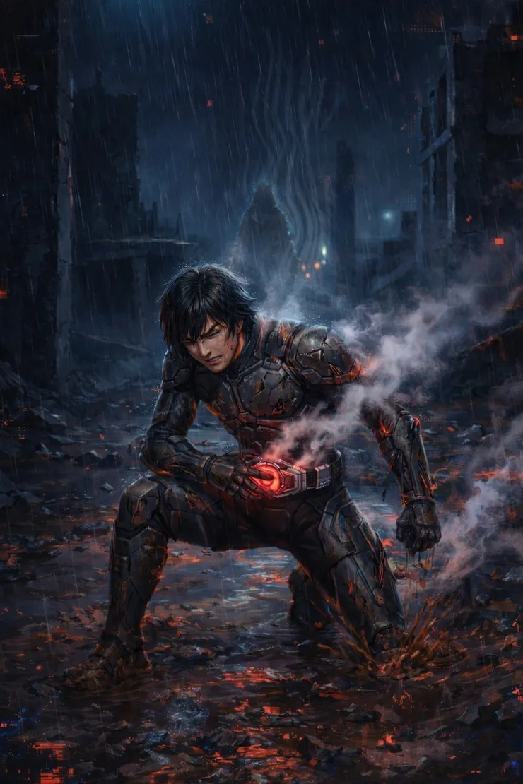 陽翔解除變身後跪在泥濘中，隱約能看見雨絲呈現不自然的扭曲。​