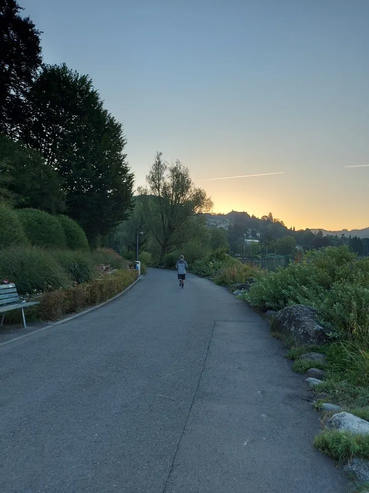 先生在琉森湖畔晨跑