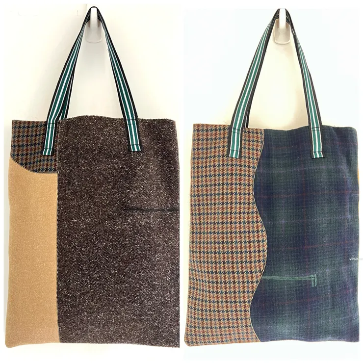 我的服裝設計師好友,把我母親留下來的六件外套拆解,然後重製成一件美麗的大衣,這是她用餘布幫我做的拖特包,包體的直線與曲線的分割線條是細小銅珠線,這是一個充滿細節的包。