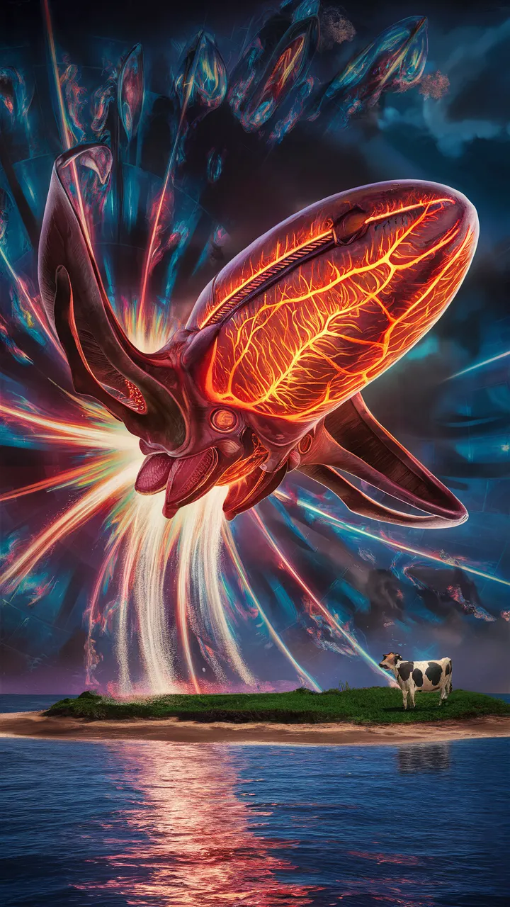 A stunning, hyperrealistic depiction of an alien spaceship taking off over a serene island. The spaceship, inspired by both Giger's biomechanical designs and Da Vinci's flight machines, glows with a mesmerizing array of veins. As it lifts off, it emits radiant patterns that dance across the ocean, casting kaleidoscopic reflections. A single cow stands in awe on the island, as the sky bursts with vibrant, surreal colors. The overall atmosphere is a captivating blend of wonder and astonishment.