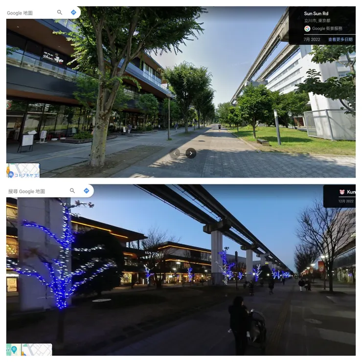  飯店前人行步道，連結許多娛樂文藝區 (Google街景圖)