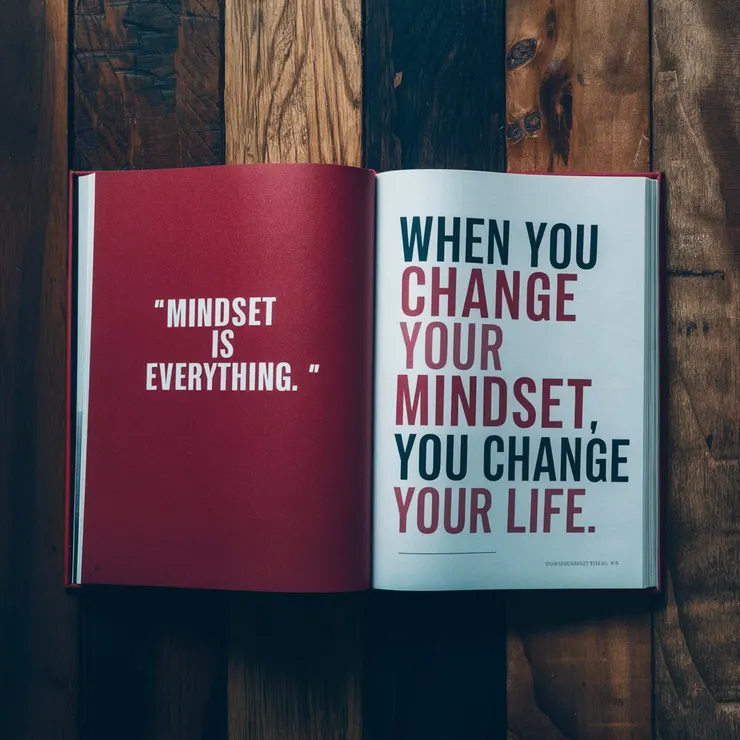 A captivating and inspiring close up featuring a hardcover book lying flat on a wooden table. The contrasting colors of the book's red cover and the wooden table create a visually appealing image. The left page of the open book displays a quote in bold text: "Mindset is everything." The right page, with a quote in bold text, reads: "When you change your mindset, you change your life" The overall atmosphere of the image is motivational and thought-provoking., typography, photo