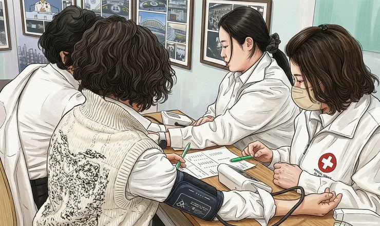 2026年2月1日於新天地禾谷教會針對高齡聖徒舉辦「百歲健康活動」期間，一名參加者正在測量血壓。【照片提供：新天地禾谷教會】