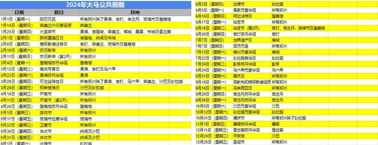 2024年公共假期表出炉