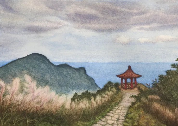 無耳茶壺山之小紅亭，8開水彩，作者繪。