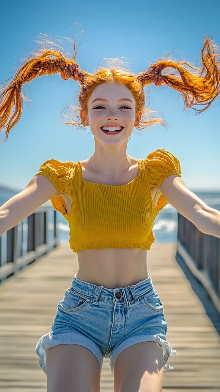 A young woman with vibrant, fiery red hair in Dutch braid pigtails