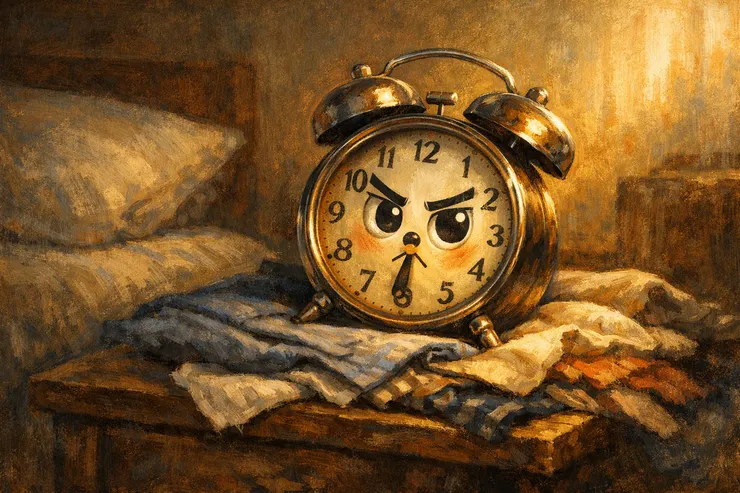 机械闹钟放在不平的床头柜上，卡通表情紧张却坚持走时，梁练伟卧室的清晨场景