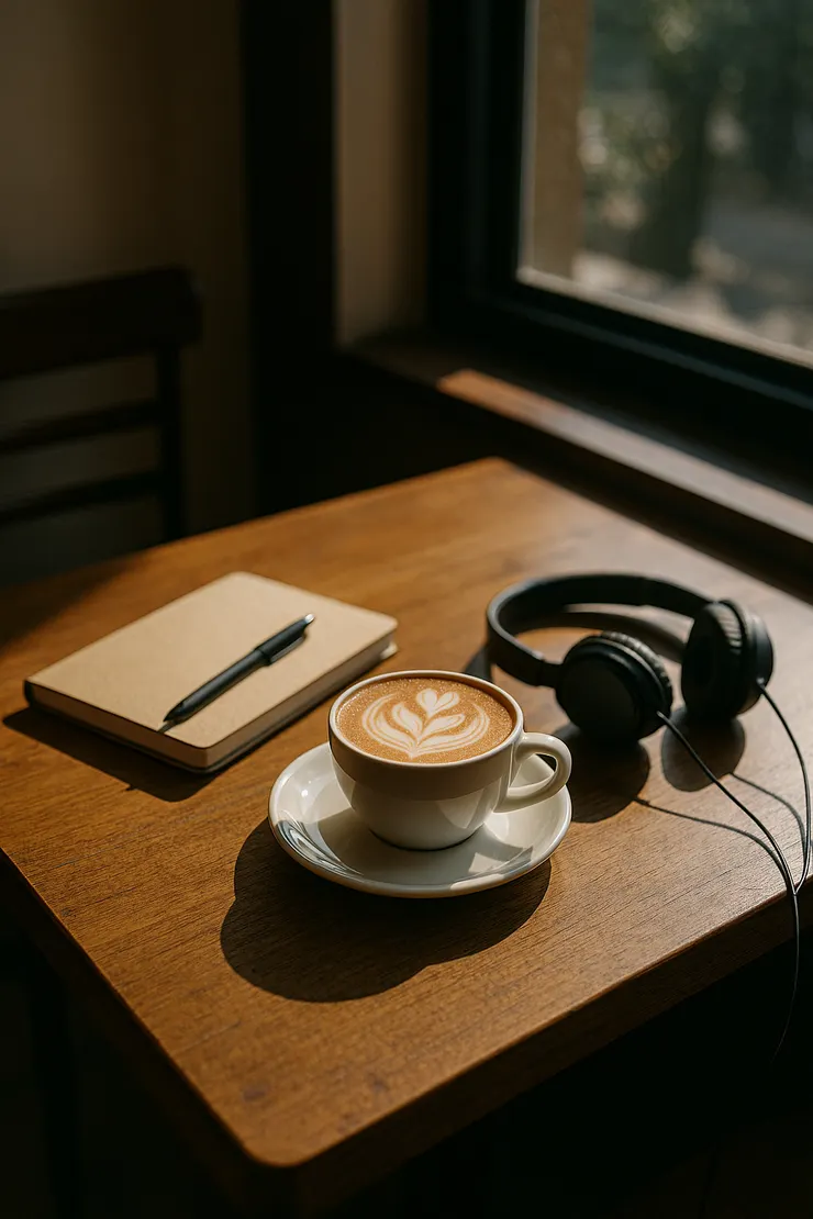 午後咖啡館裡的沉澱時光，一杯拿鐵與創作靈感的交會。