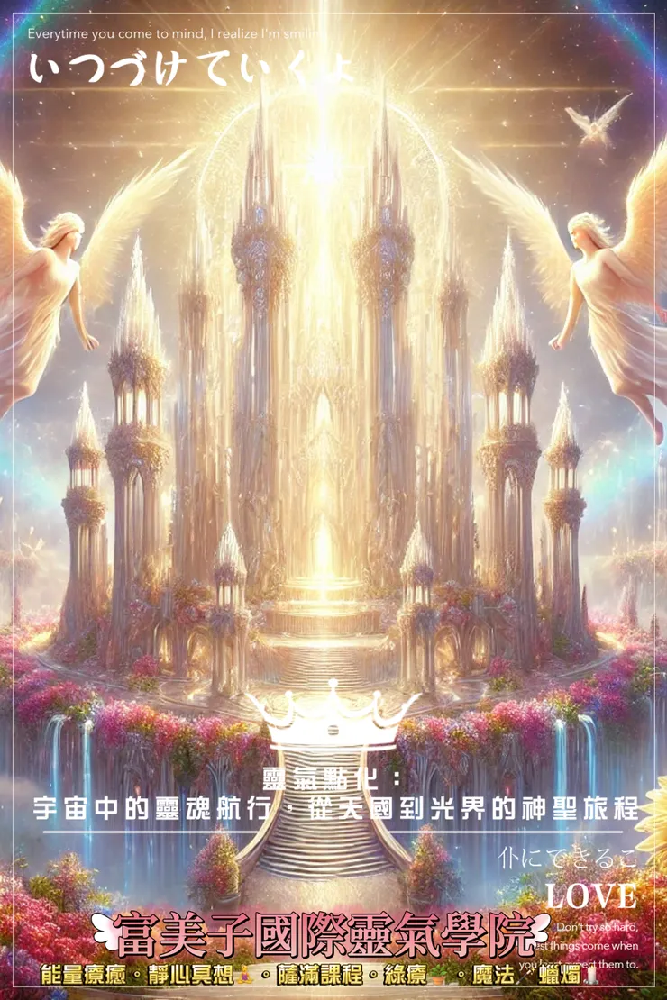 這幅畫呈現了天使王國的神聖景象,讓人感受到那份平靜與神聖。天國聖殿矗立於其中,充滿光輝與莊嚴,環繞著奇異美麗的花朵,整個場景散發著純淨的愛與靈性的力量。希望這張圖能引領您進入這個神聖的空間,感受到靈氣中的無盡光與愛。