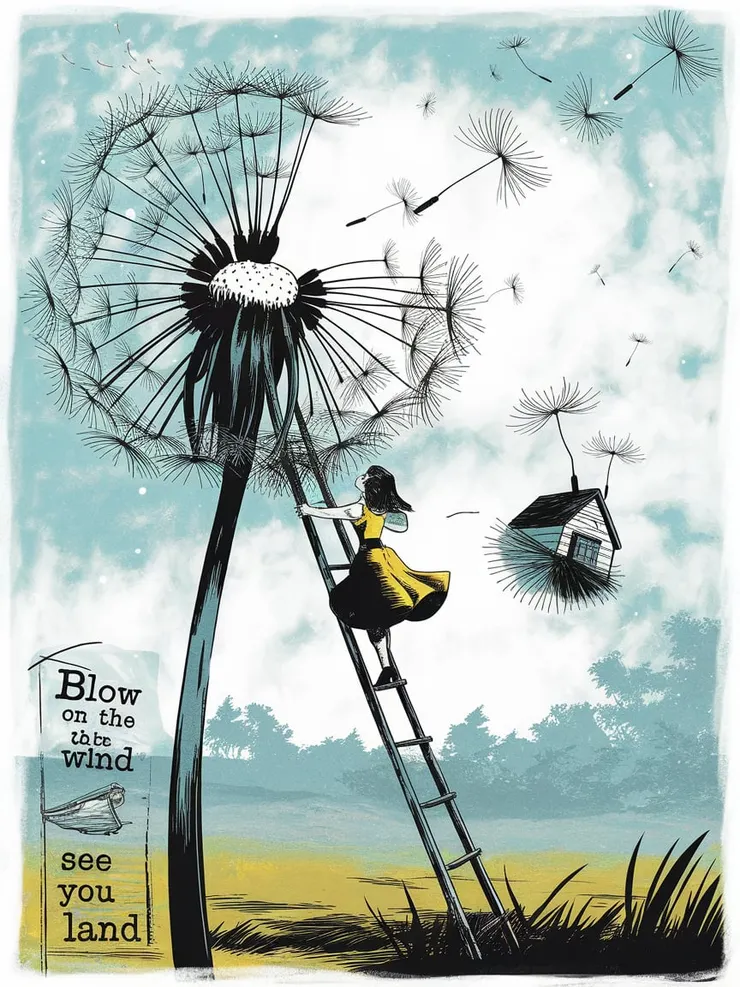 Medium: Ink illustration with risograph print effects Style: High-contrast, graphic novel-inspired with a vintage print aesthetic "A woman climbs a thin wooden ladder, reaching towards a giant dandelion floating weightlessly in the air, its fluffy white seeds the size of clouds. The black-and-white ink work is striking, with bold outlines and halftone shading, while a single vibrant pop of yellow highlights her dress. One dandelion seed has already begun to drift away, carrying a tiny house inside like a world in transit. Scrawled in the corner, as if from an old newspaper, are the words ‘Blow on the Wind and See Where You Land.’