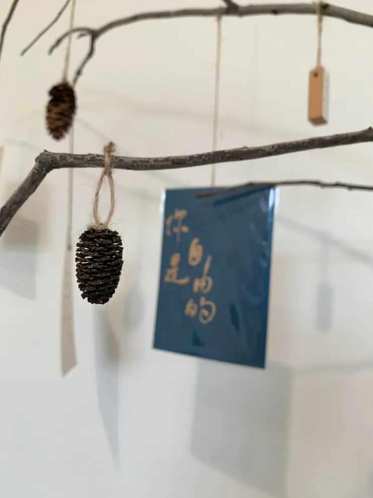 可以用大自然的元素來佈置家裡，讓空間不會單調。瀅婷找朋友一起去找樹枝放在家裡，吊掛一些有力量的明信片，讓房間妝點成有溫度的樣子。