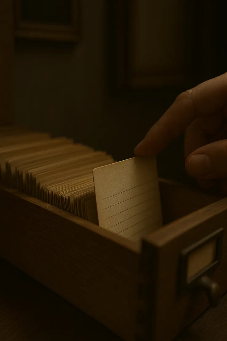 目錄抽屜半開，指腹在卡片邊停住；背後是微亮的肖像邊框。
