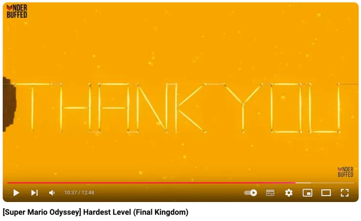 超級瑪利歐奧德賽隱藏的最高難度最終關的「THNAK YOU」，引自「 [Super Mario Odyssey] Hardest Level (Final Kingdom) 」