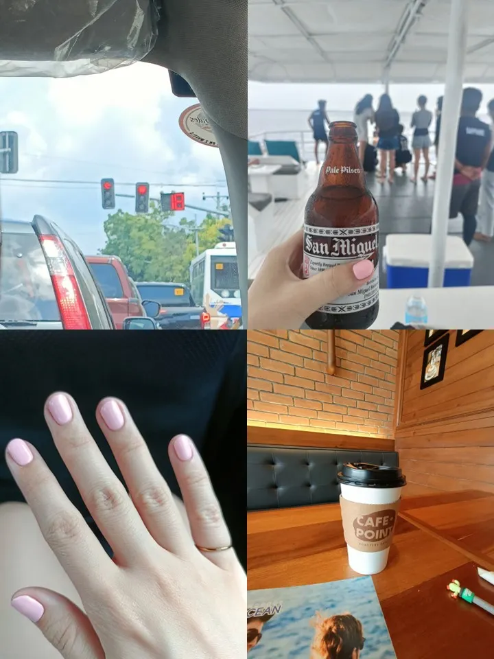 (左上)菲律賓的紅綠燈數字近視者友善XD (右上)和同學們周末去浮潛 (左下)聽說在菲律賓做指甲很便宜(?) (右下)我最常去的韓式咖啡店~店員超友善