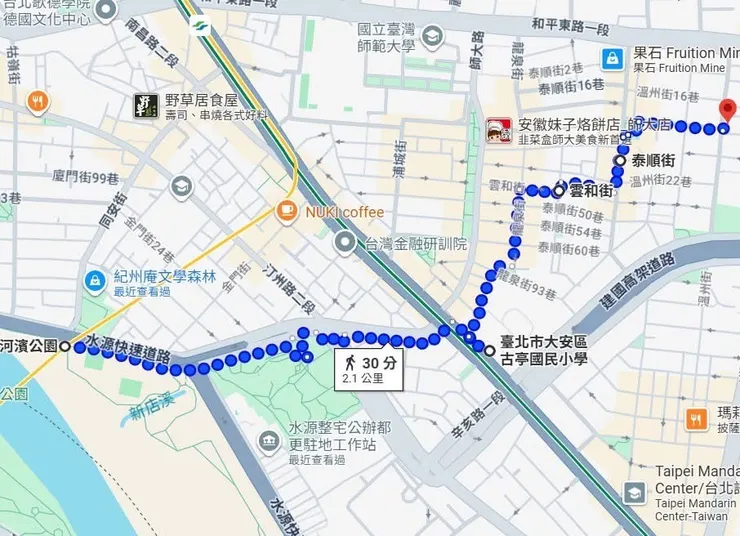 少女阿蓮前往鋼琴老師家的模擬路線圖。當時師大路仍稱水源路