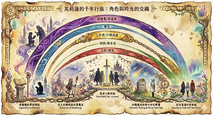 芙莉蓮的千年行旅角色分布。可以看到代表「冒險者」的紫色線條貫穿全程，而代表「導師」的綠色線條，則是在勇者欣梅爾逝世後才開始萌芽、茁壯。