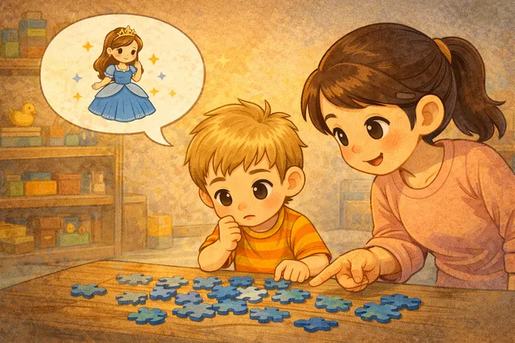 孩子思考如何完成藍色拼圖，父母用提示引導而非代勞