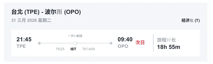去程:TPE(台北)至OPO(波多)