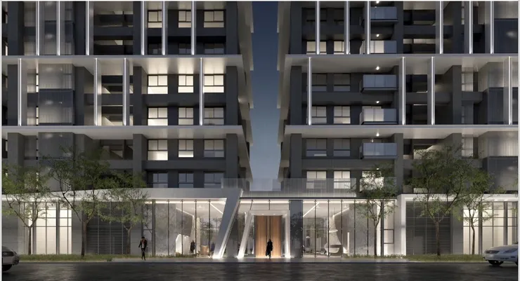 以兩層樓為一個單元，錯落式金屬造型牆板組構Double Skin(雙層牆)