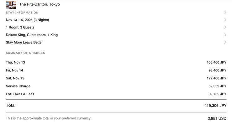 同樣住三晚,東京Ritz Carlton總計要2,851美金