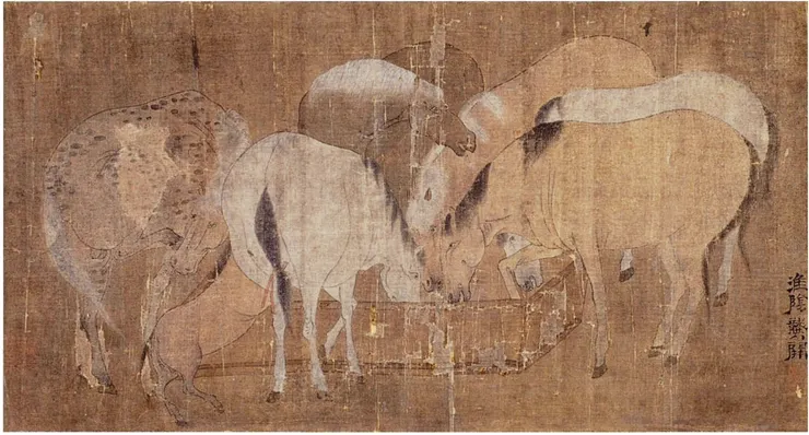 駿骨權奇圖（龔開，字聖予）創作於元代，當時中國正處於蒙古人的統治之下。畫中六匹駿馬——五匹成年駿馬與一匹小馬——正緊密圍繞在水槽邊，彼此依偎；馬匹有的以側面呈現，有的以三分之二角度描繪，也有從馬臀以透視法畫出的姿態，技巧高超絕倫。這是提埃爾收藏中最古老的畫作之一。