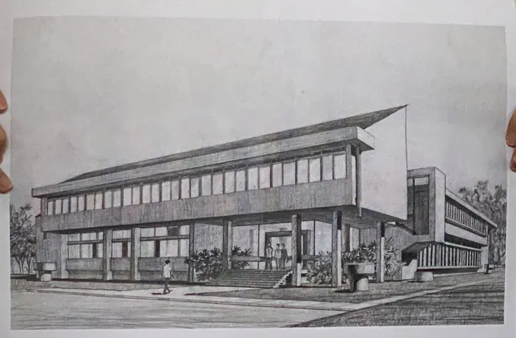 歐美所原始設計圖。入口原本在靠近右側，後來改為左側。其他立面也一起轉了方向，主要考量西曬問題