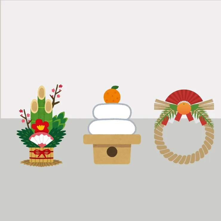 從左：門松、鏡餅、注連繩