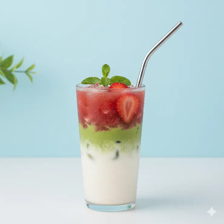 一杯特色飲品，杯身清楚，背景簡單，色彩清新，適合飲料店宣傳使用