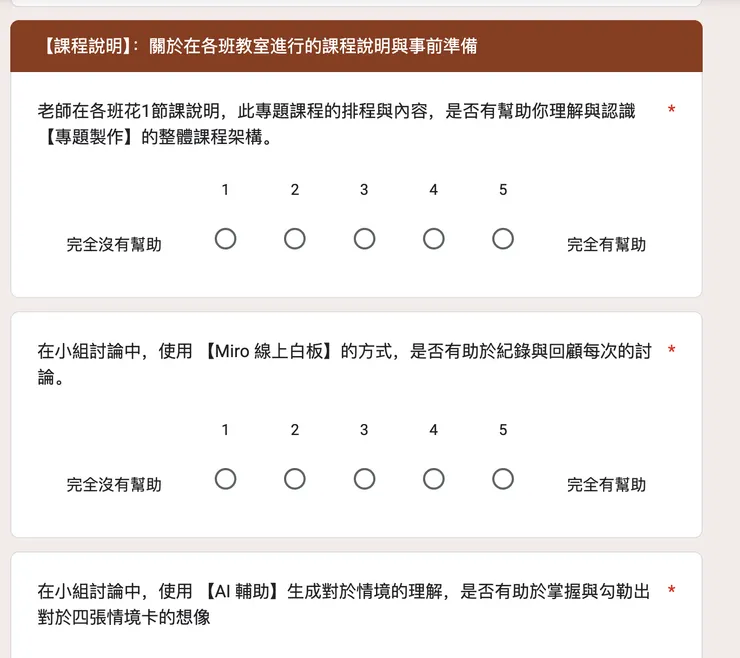 與 ChatGPT 共作產出的學生課堂自評表。當把這堂課課程設計內容丟給 AI 後， AI 可以協助你產出一份具有不同向度的表單內容，幫助你定焦。