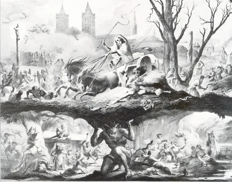 Émile Souvestre的《聖誕夜的奇觀》（1844年）中的版畫。它特別描繪了「安庫」的馬車、仙女和精靈。