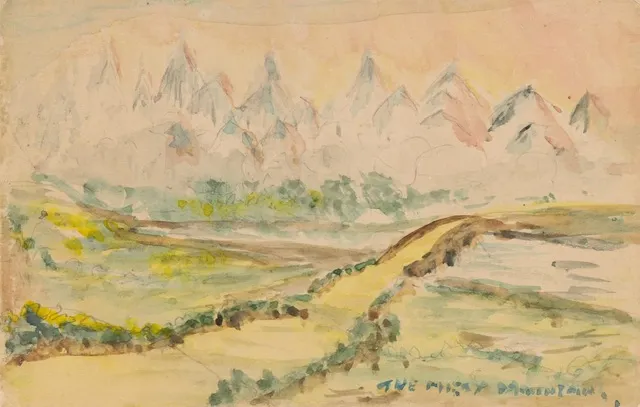 托爾金水彩畫作:The Misty Mountains (照片取自 Tolkien Estate )