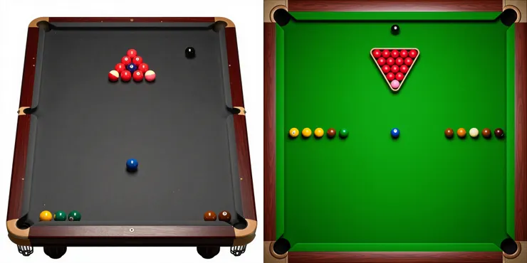 Prompt: A precise top-down photograph (flat lay) of a professional snooker table ready for the start of a game. The triangle pack of 15 red balls is tightly arranged just behind the pink ball. The yellow, green, and brown balls are perfectly aligned on their spots along the baulk line. The blue ball is in the exact center of the table, and the black ball is on its spot near the top cushion. All positions must be standard and accurate. Even studio lighting. (左：Z-Image-Turbo 右：FLUX-2 [dev])