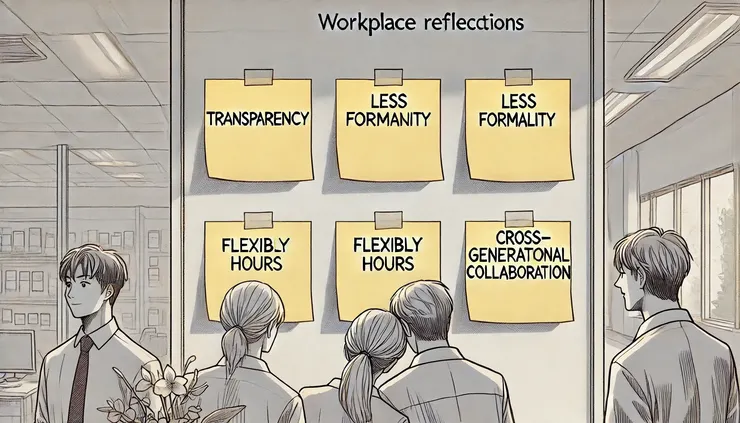 四張便利貼貼在牆上,分別寫著職場想改變的四件事:透明化、減少形式、彈性工時、跨世代合作。