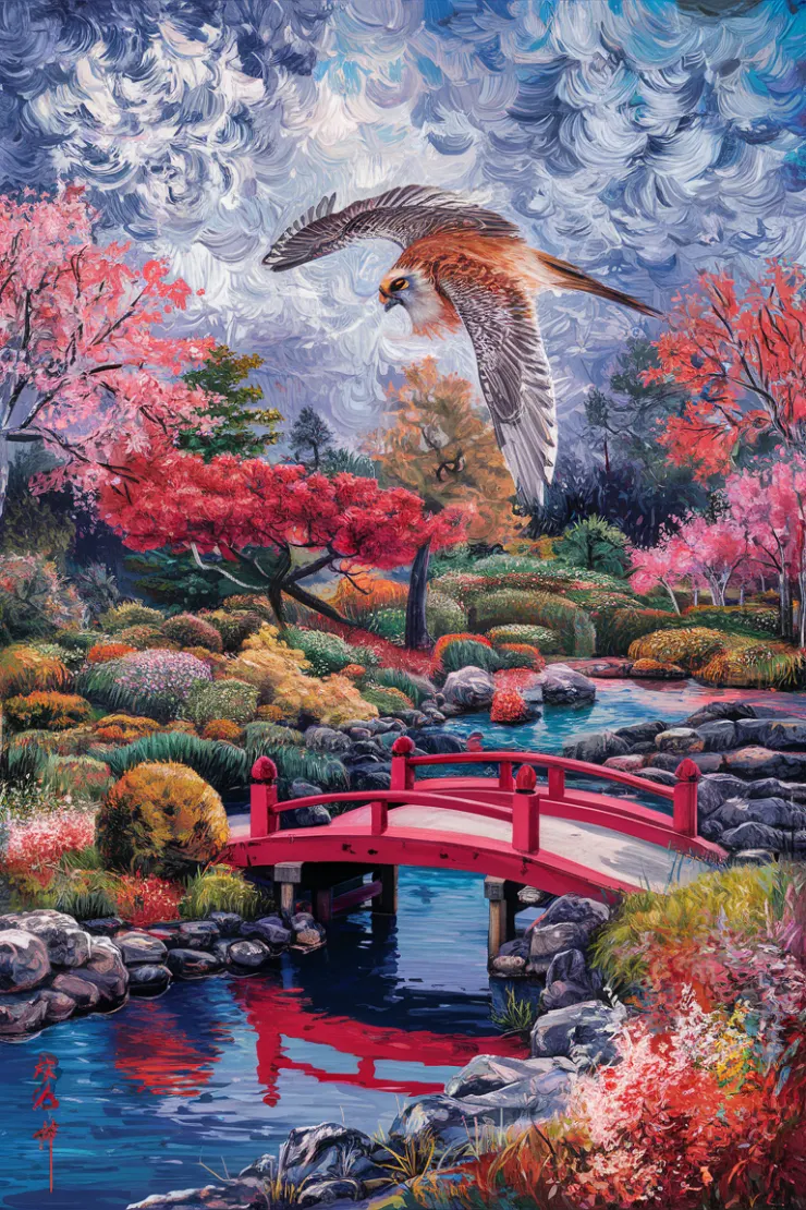 Impressionist oil on canvas. visible detailed brush-strokes. kestrel, Japanese landscaped garden, Sakura trees, pond, bridge