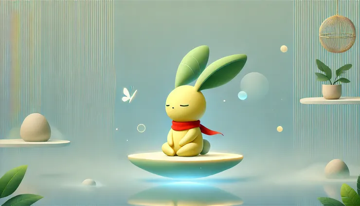 樂尼兔靜靜地坐在漂浮的平台上，讓我們感受那份內心的自由與純粹吧！