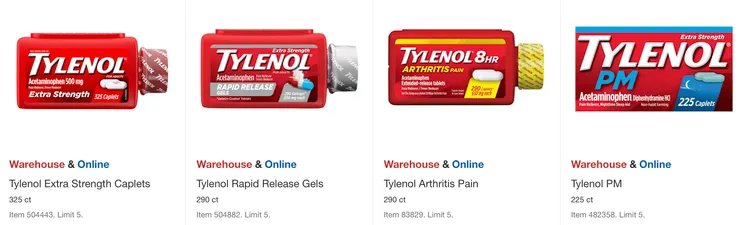 Tylenol止痛加強錠、快速止痛錠、運動傷害止痛錠、晚間睡前止痛錠,皆為$20.49。