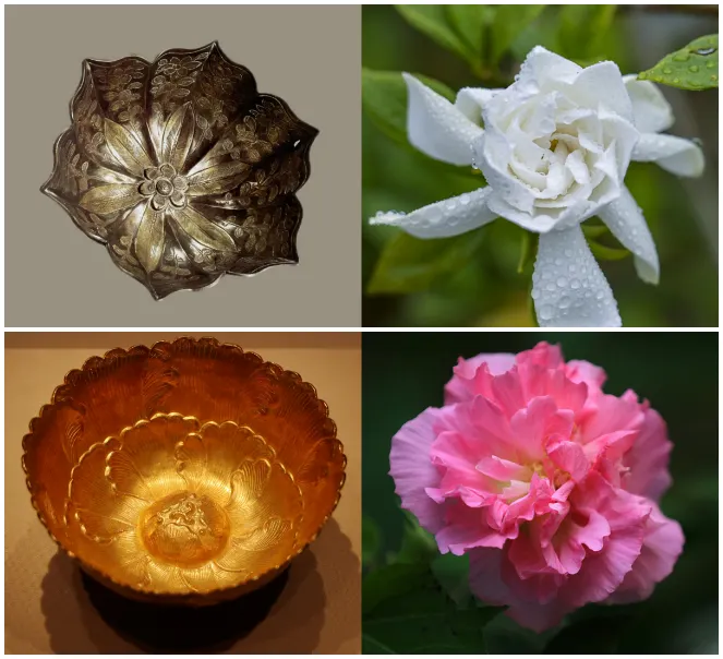 大宋非常流行以各種花為金盞的酒杯,上為梔子花;下為芙蓉花。