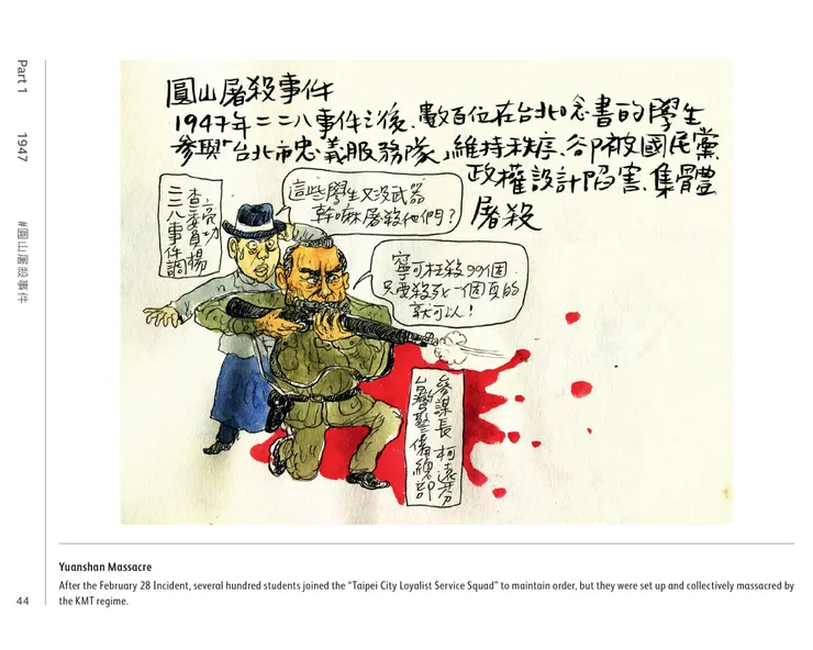 《手繪台灣關鍵字:畫說1940-2020》,頁44。在二二八事件之後,還有許多後續的人民反抗事件,比較少在教科書裡被一一介紹。(大寬文化提供)