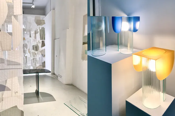 GLASS VARIATIONS 的新品： Alain Gilles 設計的 ILLUSION 玄關台（左）和 Bina Baitel 設計的 HELIA 台燈（右）。