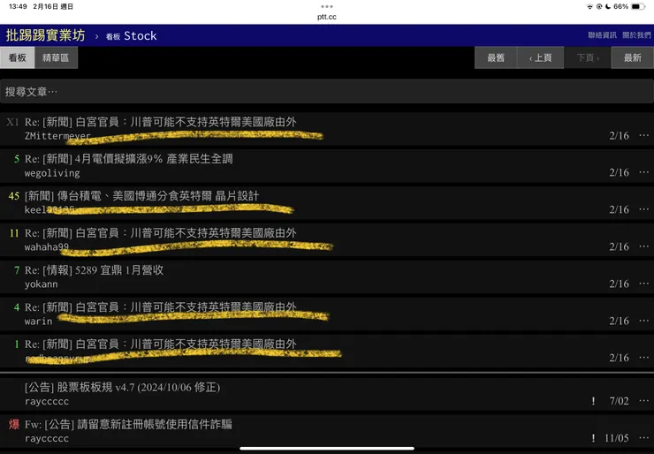 PTT論壇股票討論版截圖